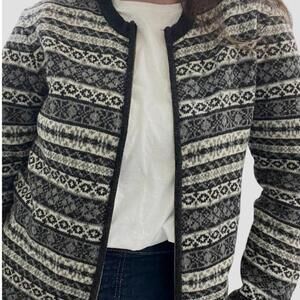 Vintage 90s Fair Isle Nordic Lambswool Cardigan Sweater Black Gray Knit Full Zip